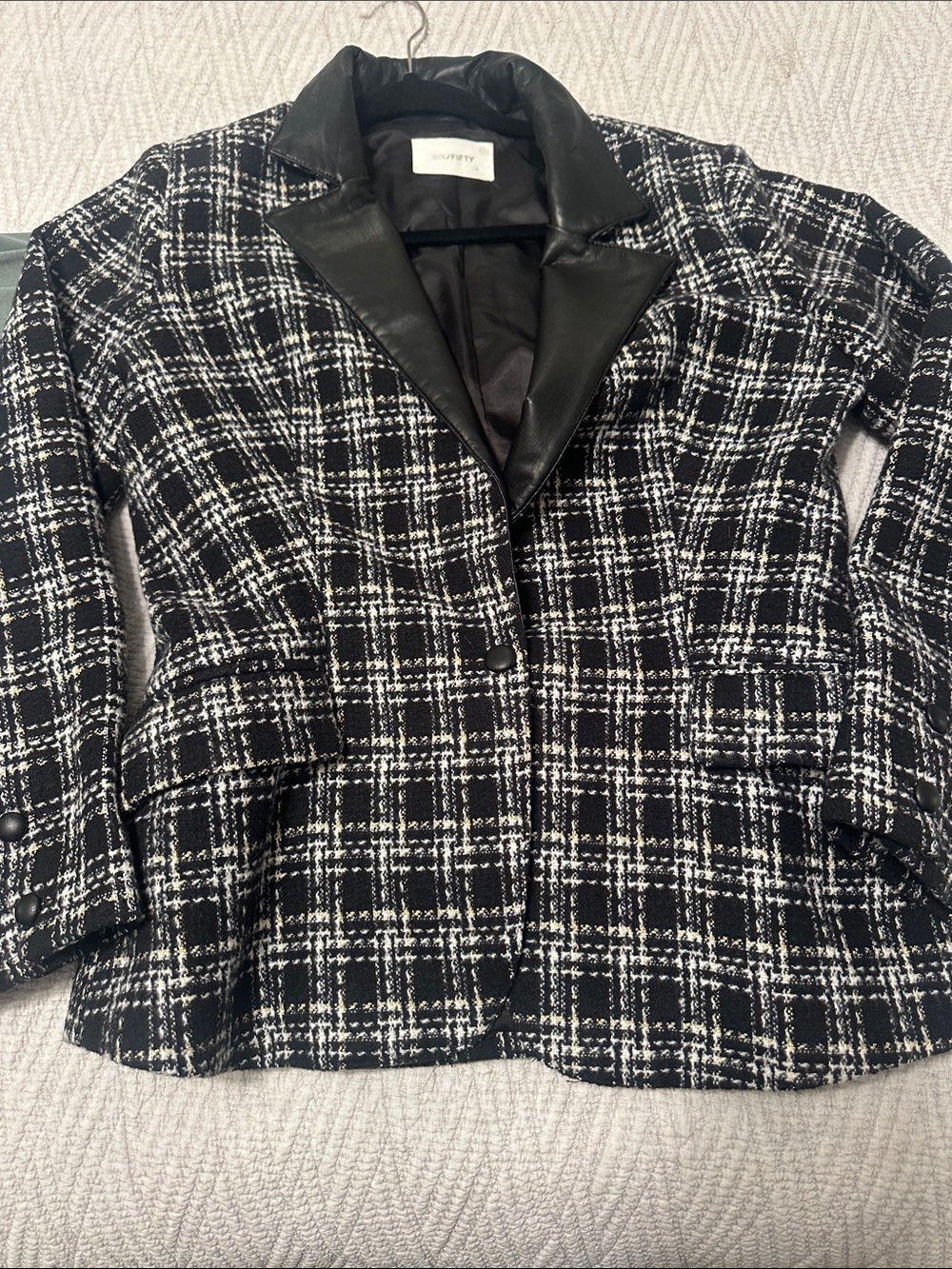 Black & White Checked Tweed Blazer with Faux Leather Lapel
